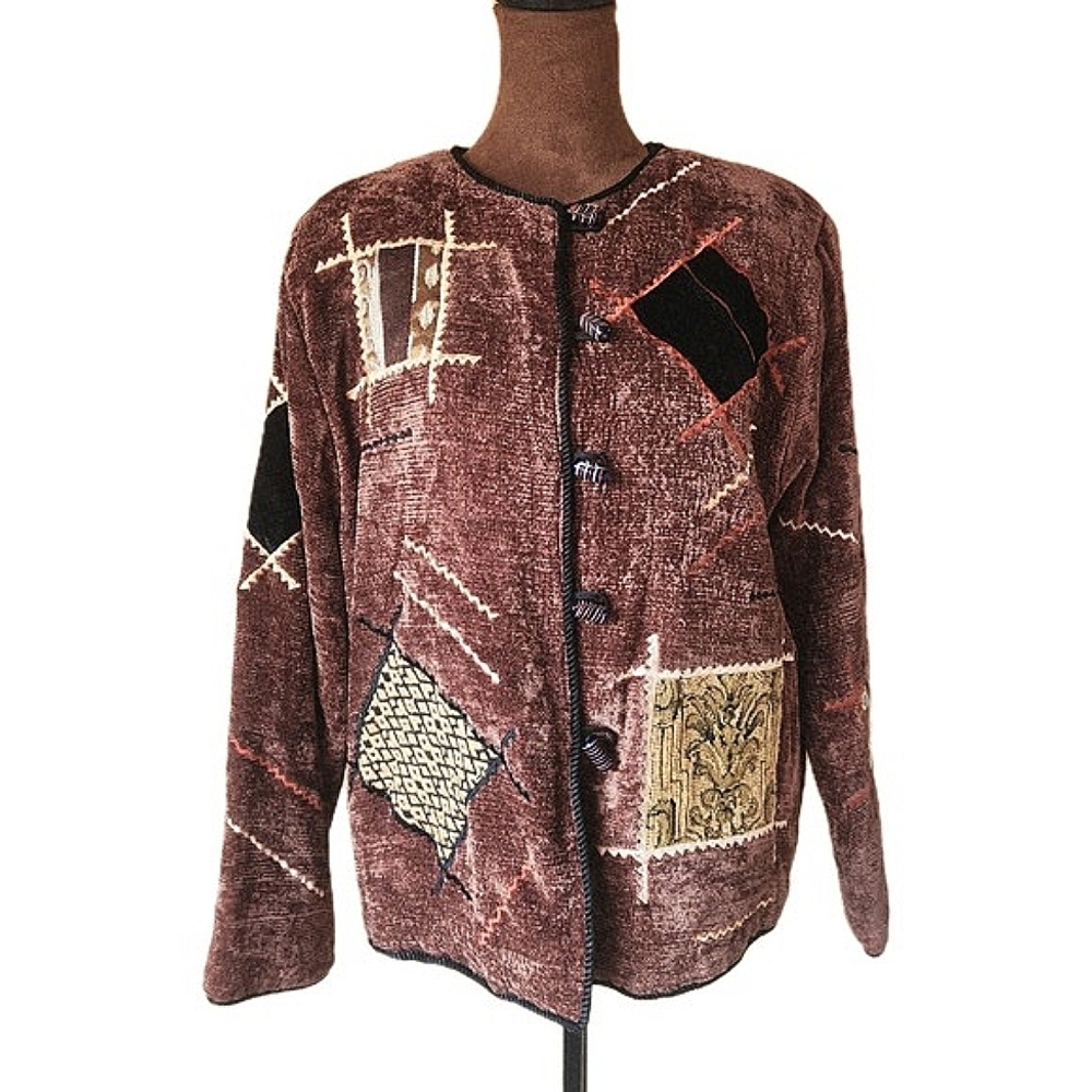 Alex Kim Jacket Brown Embroidered‎ Bohemian Glass Button Up Size M Fall
